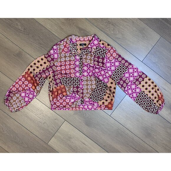 DREW Anthropologie Floral Faux Patchwork Puff Sleeve Button-down Shirt Blouse L - Picture 1 of 6